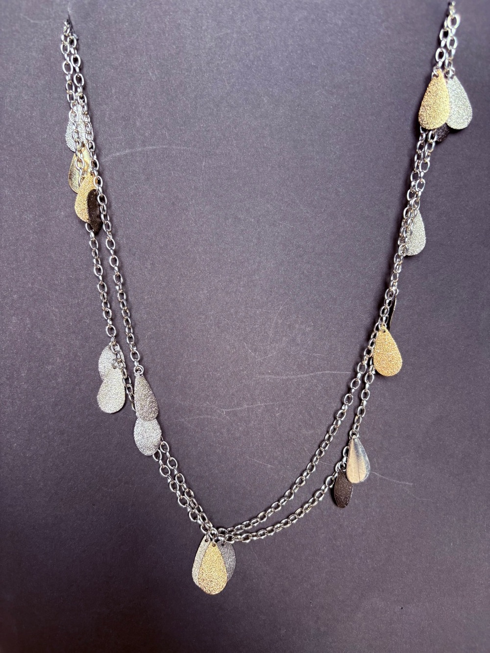 Elegant Two-Tone Dual Texture Silver & Gold Teardrop Layered Necklace - 18”
